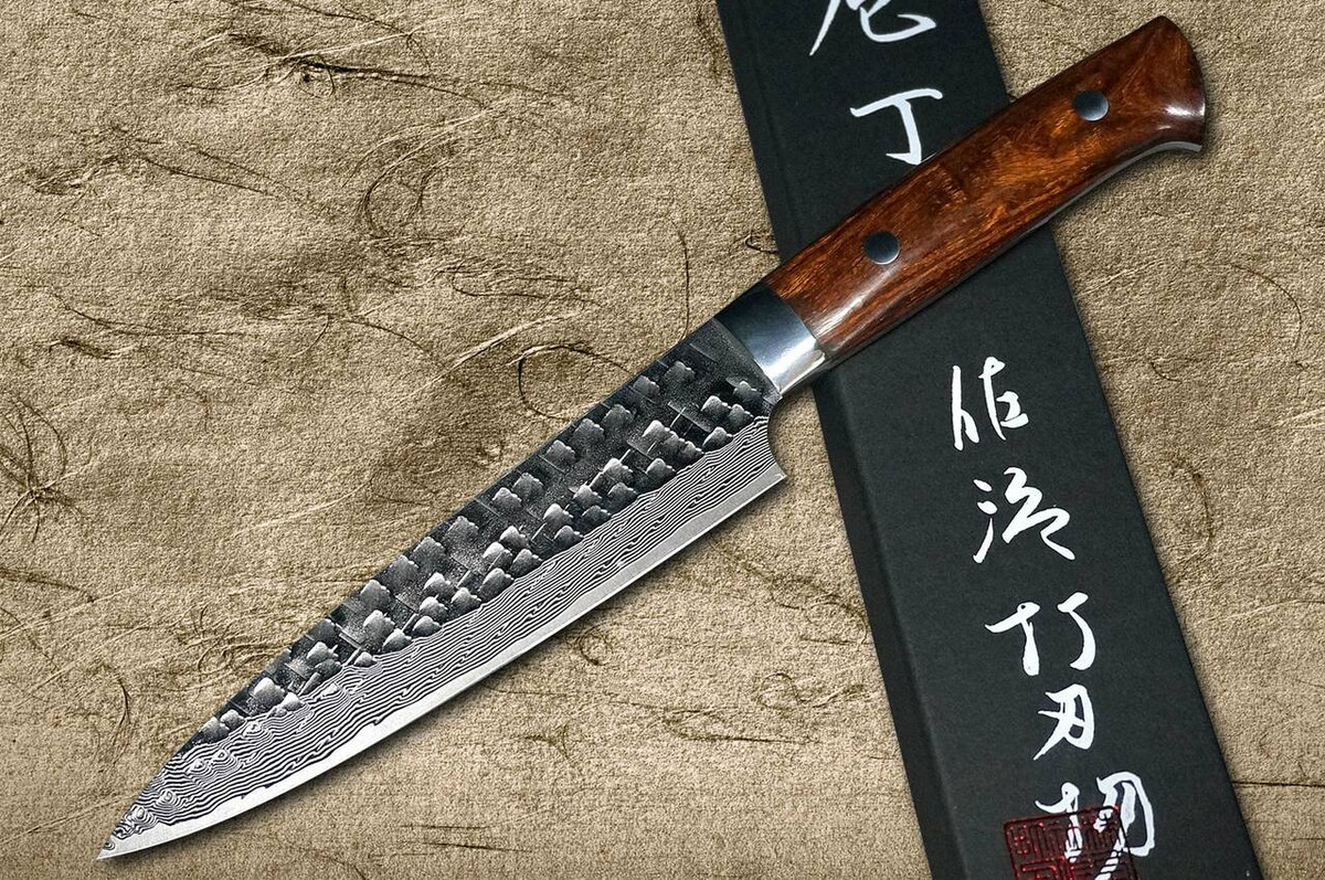 Takeshi Saji VG10 Mirror Hammered Damascus IRN Japanese Chefs Petty KnifeUtility 150mm with Desert Ironwood Handle