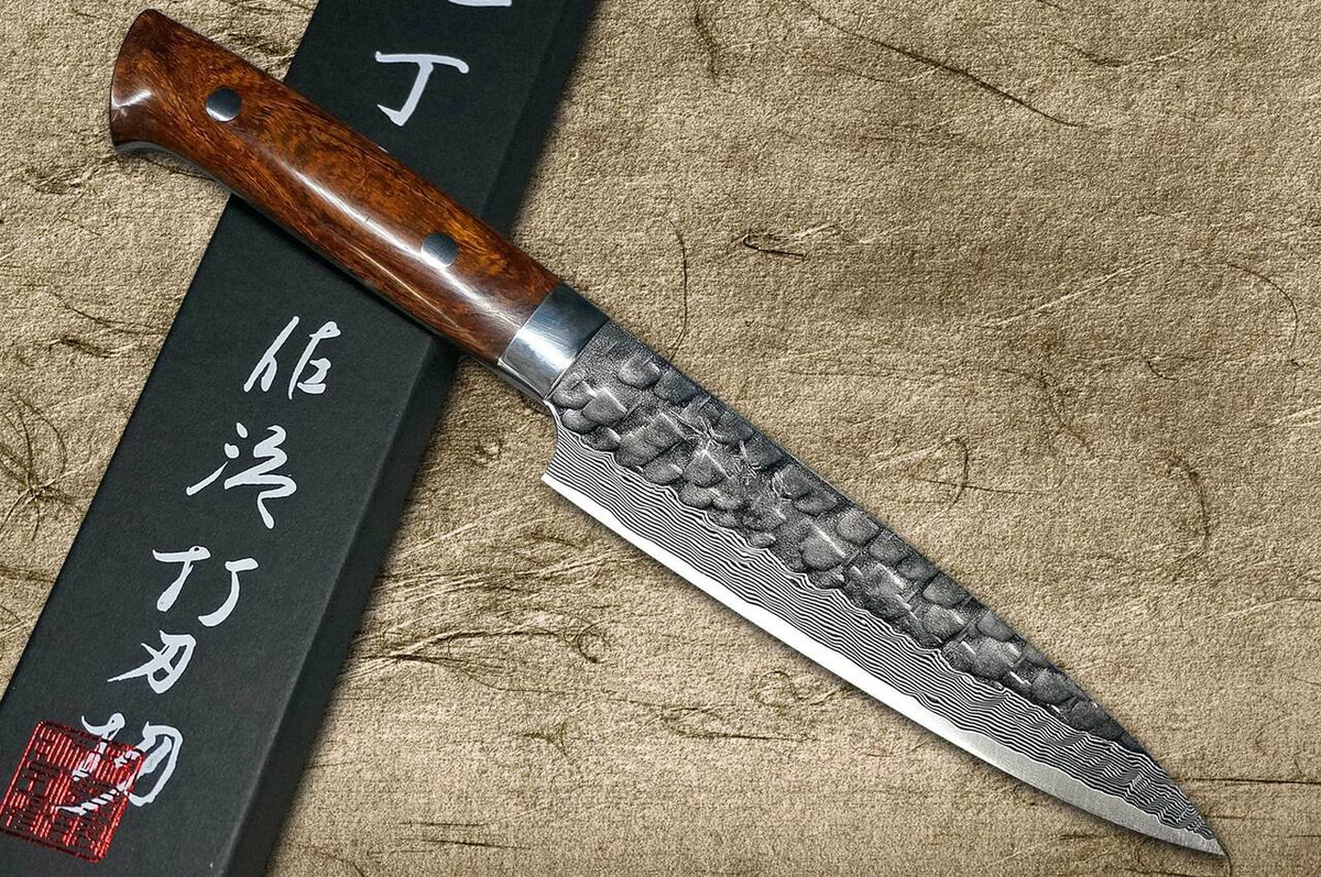 Takeshi Saji VG10 Mirror Hammered Damascus IRN Japanese Chefs Petty KnifeUtility 150mm with Desert Ironwood Handle