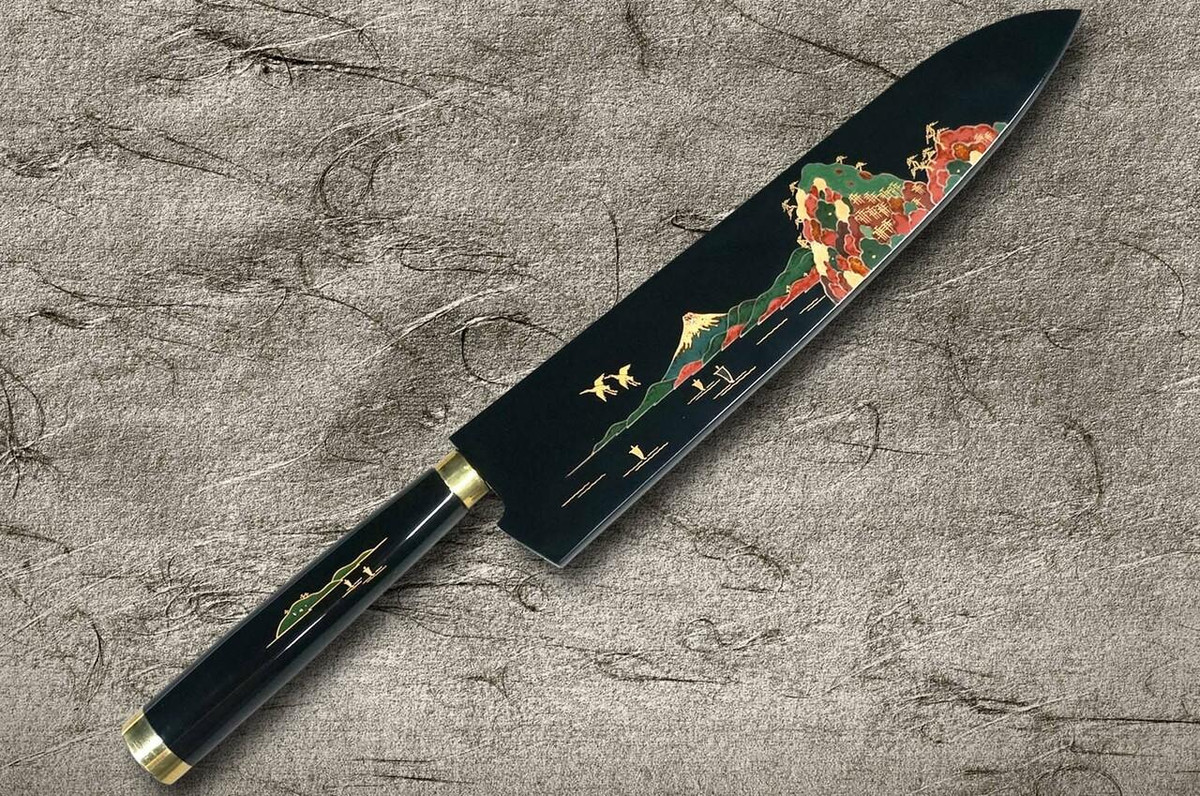 Takeshi Saji Makie-Art Aogami No.2 Colored Damascus Japanese Chefs Gyuto Knife 210mm with Urushi Lacquered Saya and Handle FUJI on LAKEBT