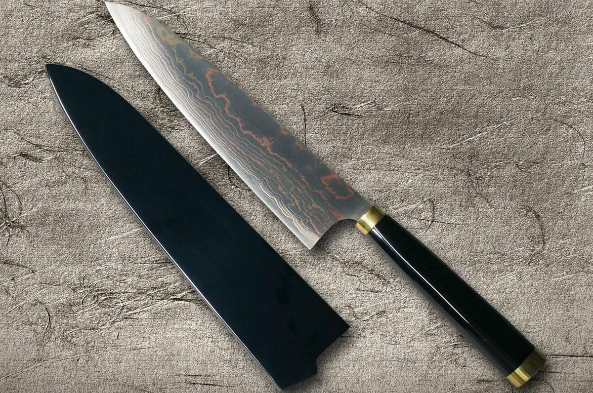 Takeshi Saji Makie-Art Aogami No.2 Colored Damascus Japanese Chefs Gyuto Knife 210mm with Urushi Lacquered Saya and Handle FUJI on LAKEBT