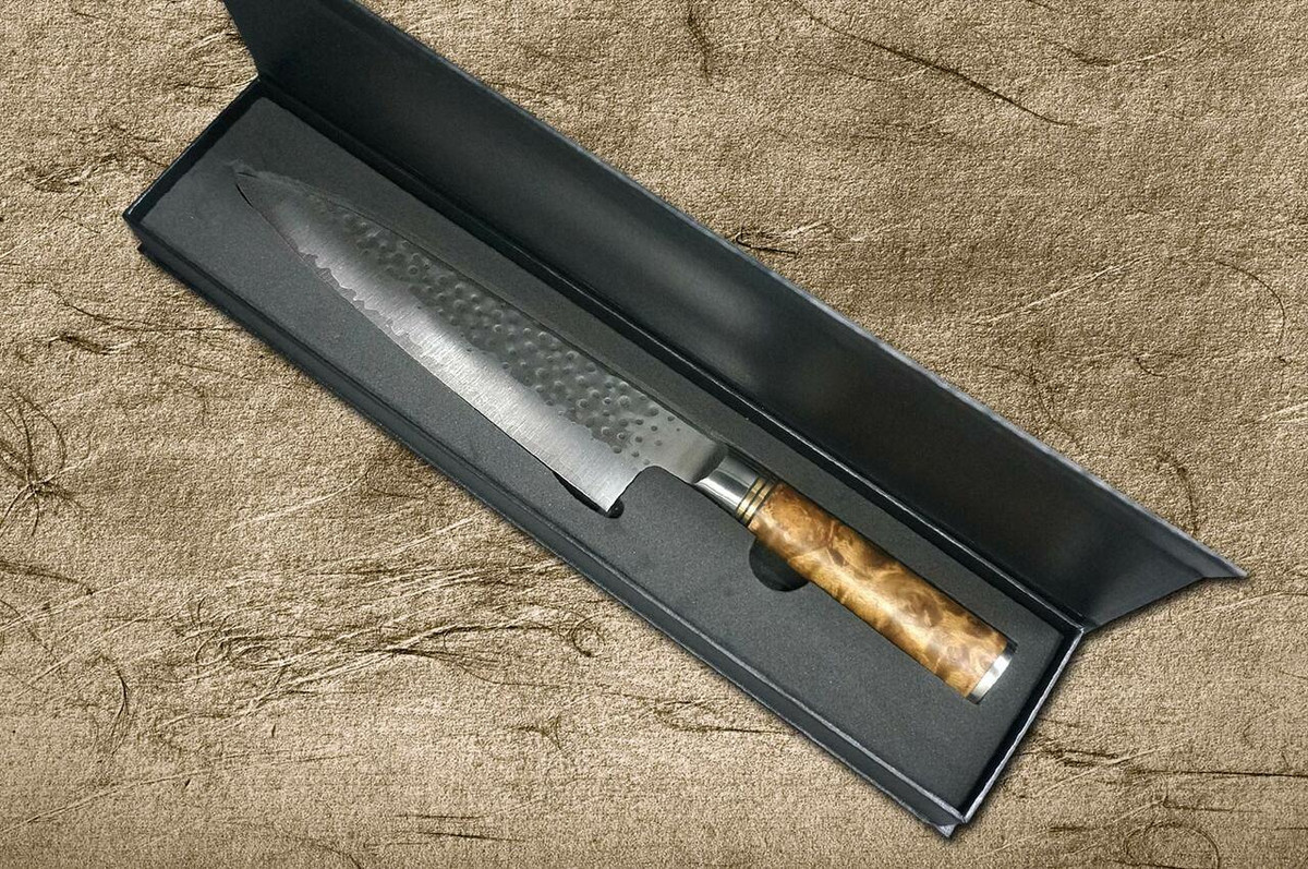 Takeshi Saji R2 Mirror Hammered KRN Japanese Chefs Gyuto Knife 240mm with Karin Lump Handle