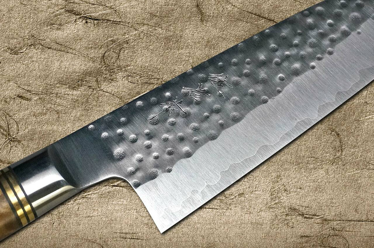 Takeshi Saji R2 Mirror Hammered KRN Japanese Chefs Santoku Knife 180mm with Karin Lump Handle