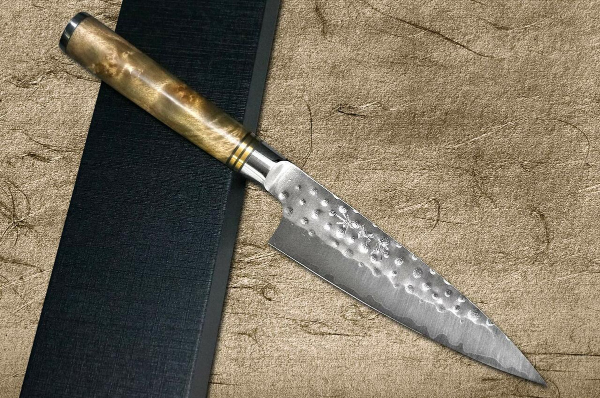 Takeshi Saji R2 Mirror Hammered KRN Japanese Chefs Petty KnifeUtility 130mm with Karin Lump Handle