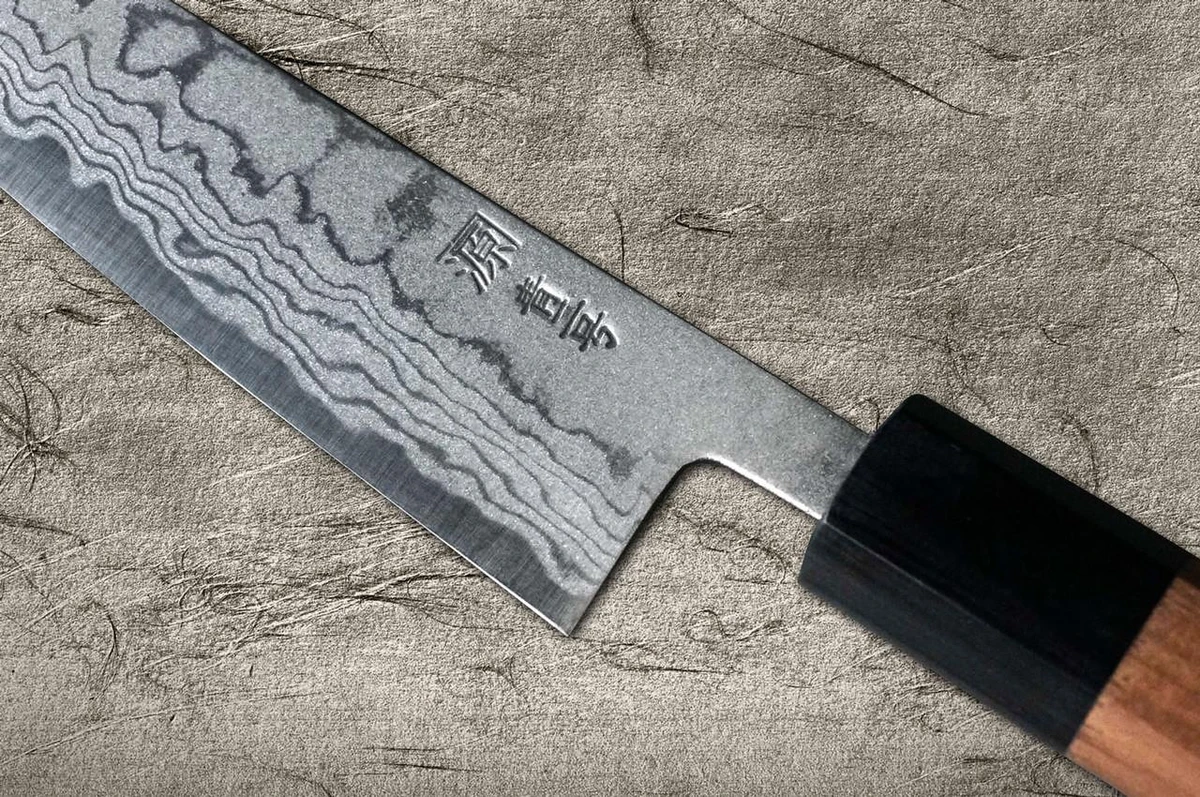 Shigeki Tanaka Aogami No.2 Damascus WN Trancheuse de chef japonais (Sujihiki) 210mm avec poignée en noyer