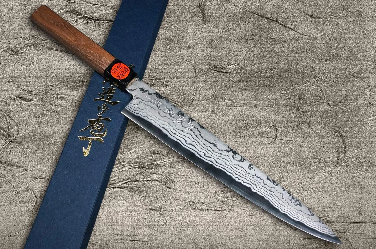 Shigeki Tanaka Aogami No.2 Damascus WN Trancheuse de chef japonais (Sujihiki) 210mm avec poignée en noyer