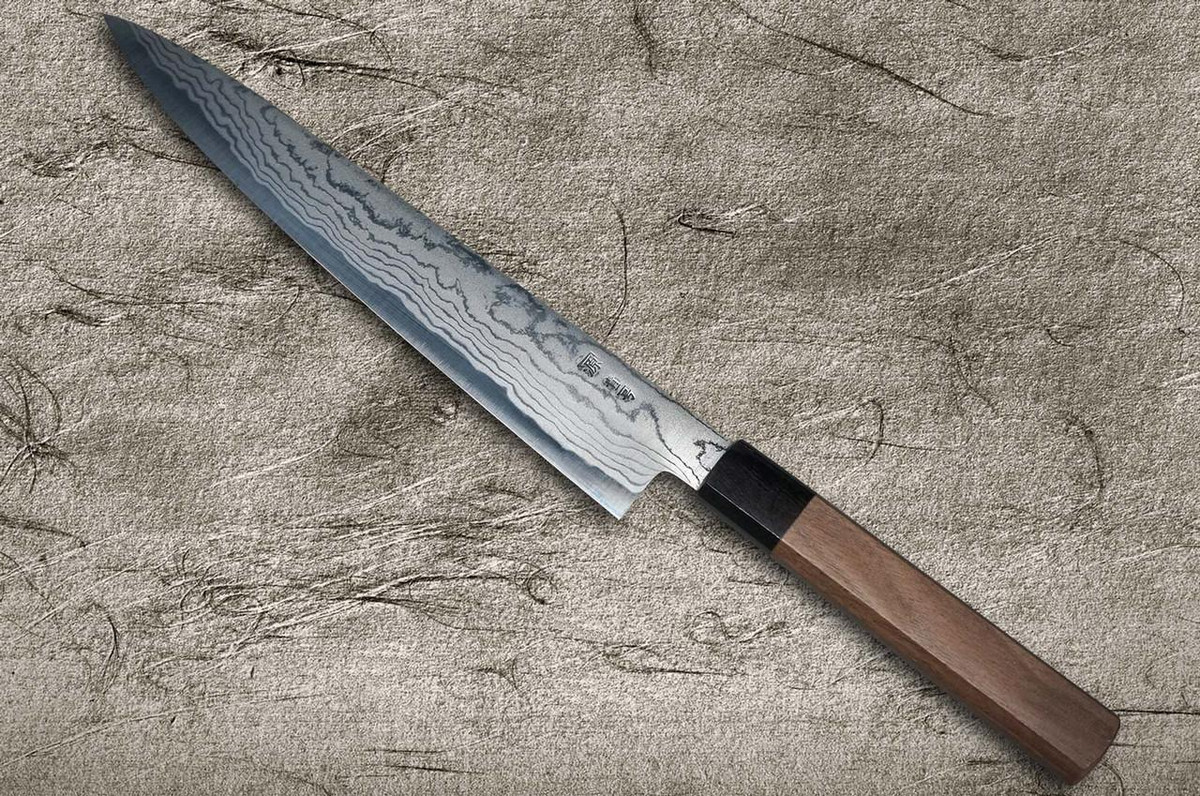 Shigeki Tanaka Aogami No.2 Damascus WN Coltello da Chef Giapponese Slicer (Sujihiki) 240mm con manico in noce