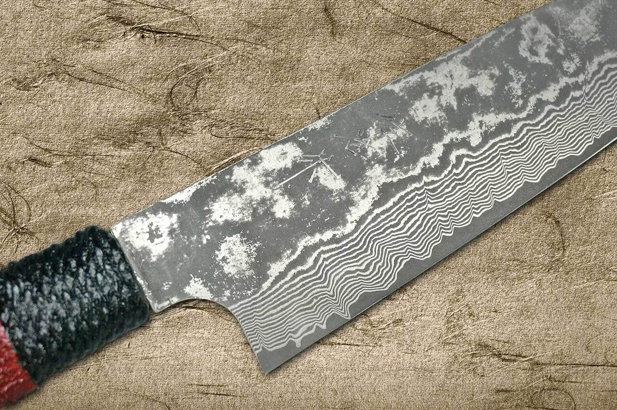 Takeshi Saji VG10 Black Damascus LL Japanese Chefs Santoku Knife 180mm with Black-Red Japanese Urushi Lacquered Handle