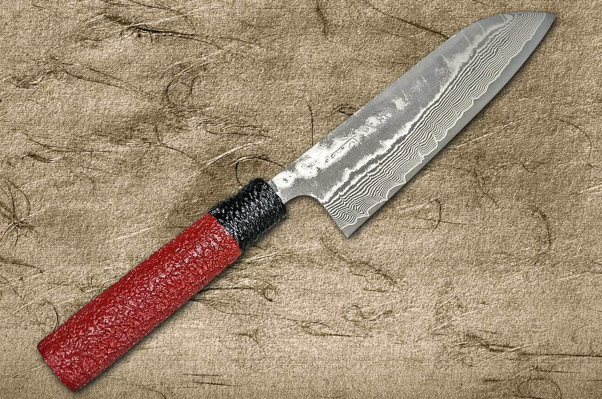 Takeshi Saji VG10 Black Damascus LL Japanese Chefs Santoku Knife 180mm with Black-Red Japanese Urushi Lacquered Handle