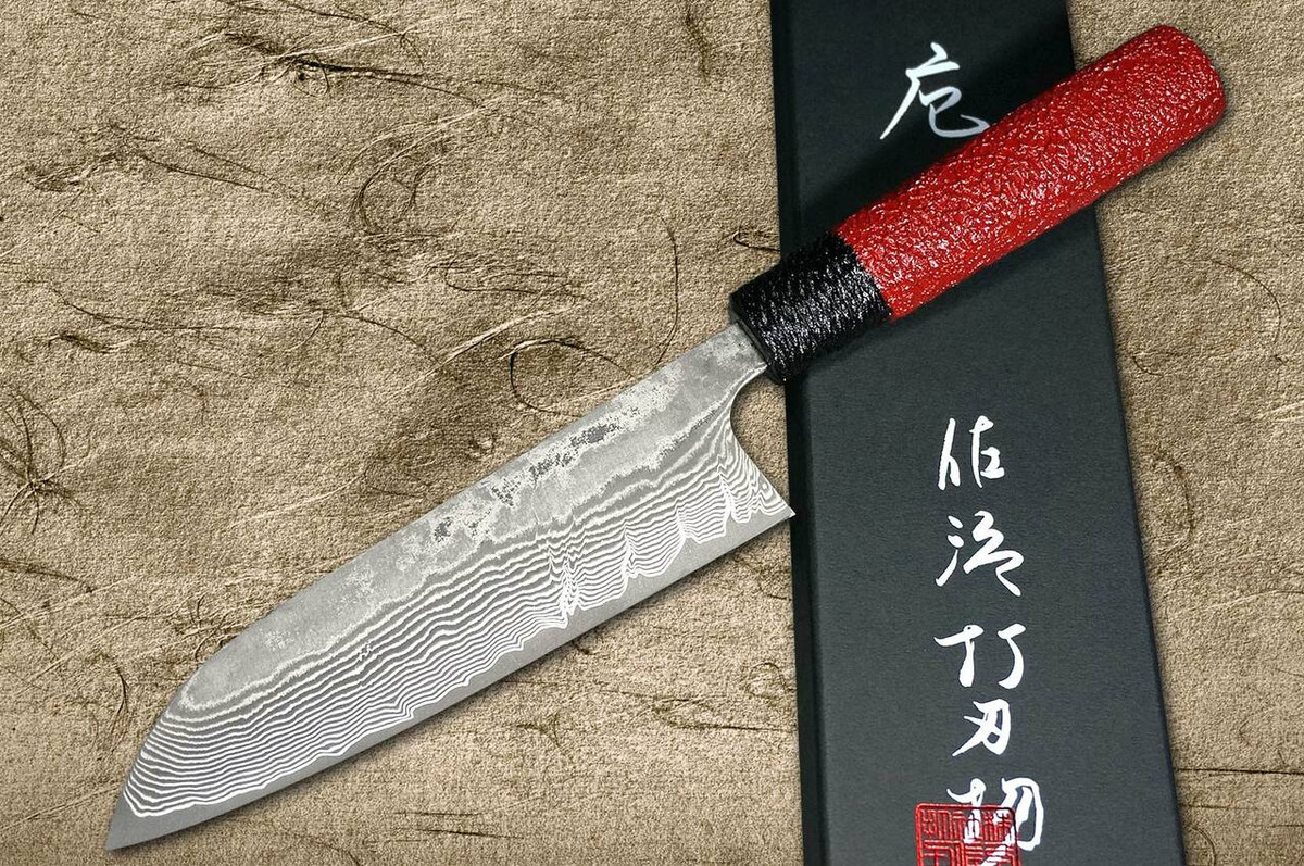 Takeshi Saji VG10 Black Damascus LL Japanese Chefs Santoku Knife 180mm with Black-Red Japanese Urushi Lacquered Handle