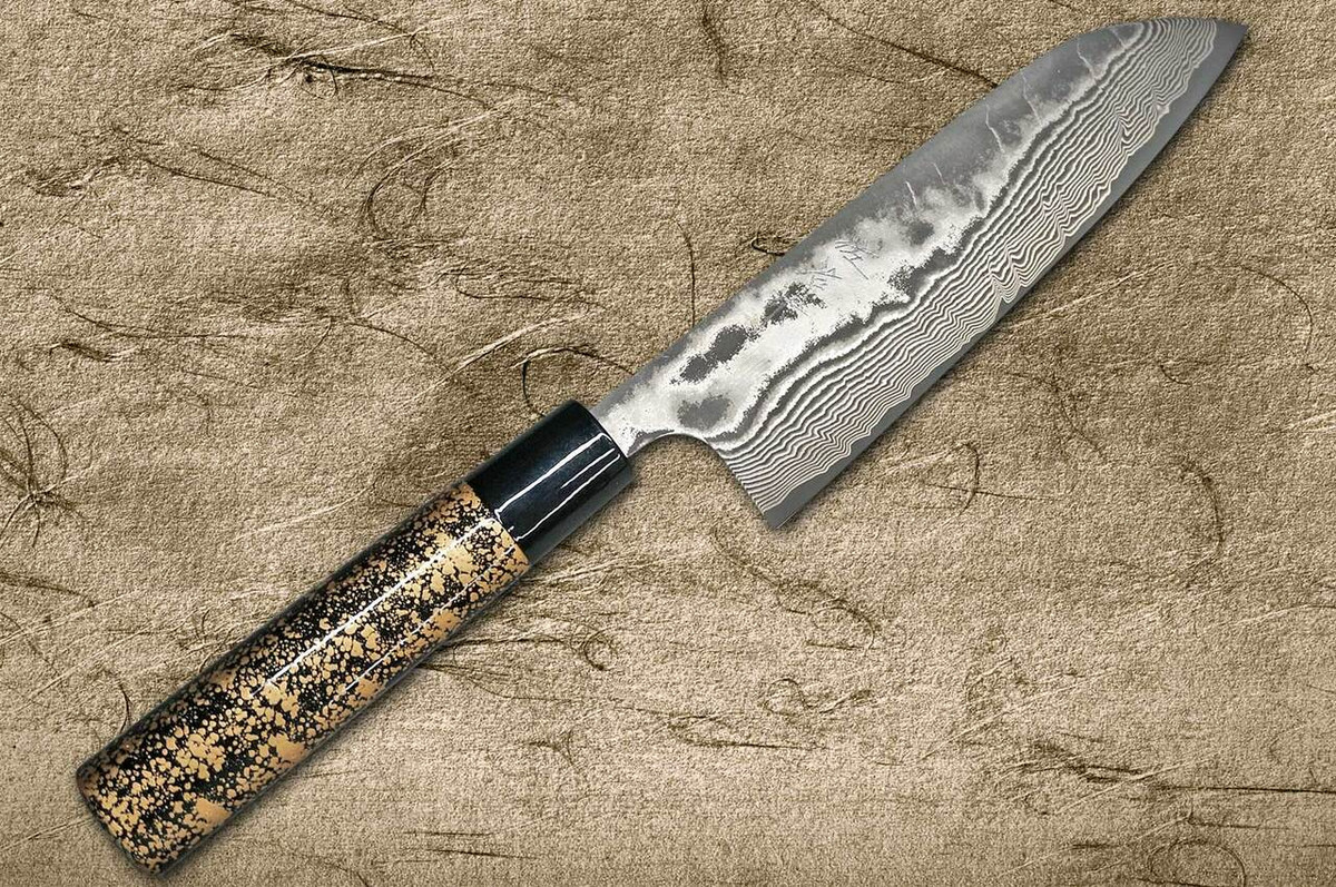 Takeshi Saji VG10 Black Damascus LC Japanese Chefs Santoku Knife 180mm with Black-Gold Japanese Urushi Lacquered Handle