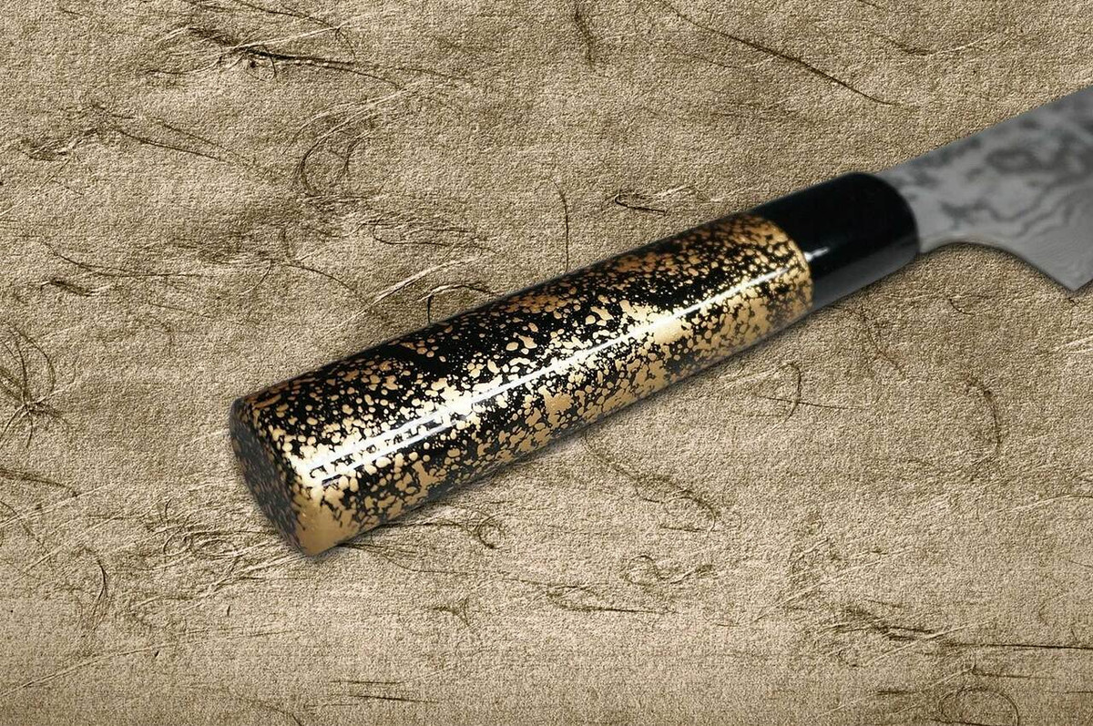 Takeshi Saji VG10 Black Damascus LC Japanese Chefs Santoku Knife 180mm with Black-Gold Japanese Urushi Lacquered Handle