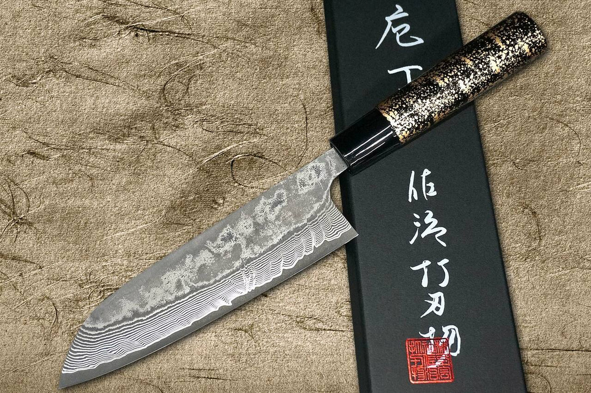 Takeshi Saji VG10 Black Damascus LC Japanese Chefs Santoku Knife 180mm with Black-Gold Japanese Urushi Lacquered Handle