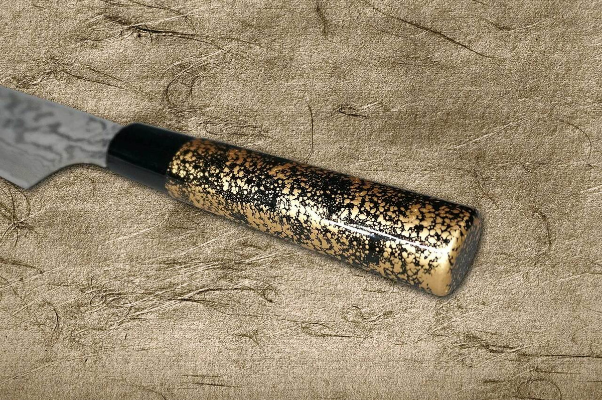 Takeshi Saji VG10 Black Damascus LC Japanese Chefs Santoku Knife 180mm with Black-Gold Japanese Urushi Lacquered Handle