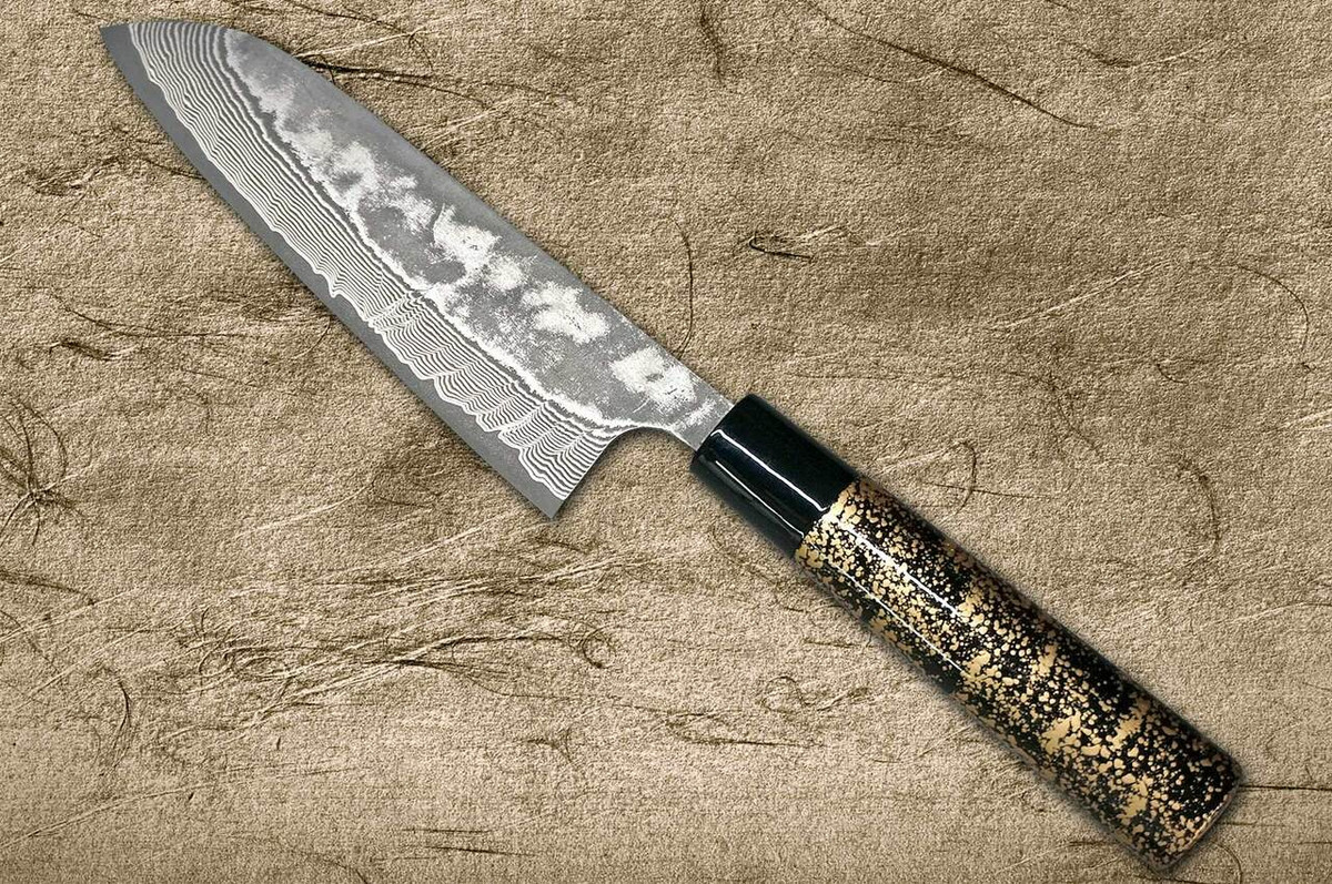 Takeshi Saji VG10 Black Damascus LC Japanese Chefs Santoku Knife 180mm with Black-Gold Japanese Urushi Lacquered Handle