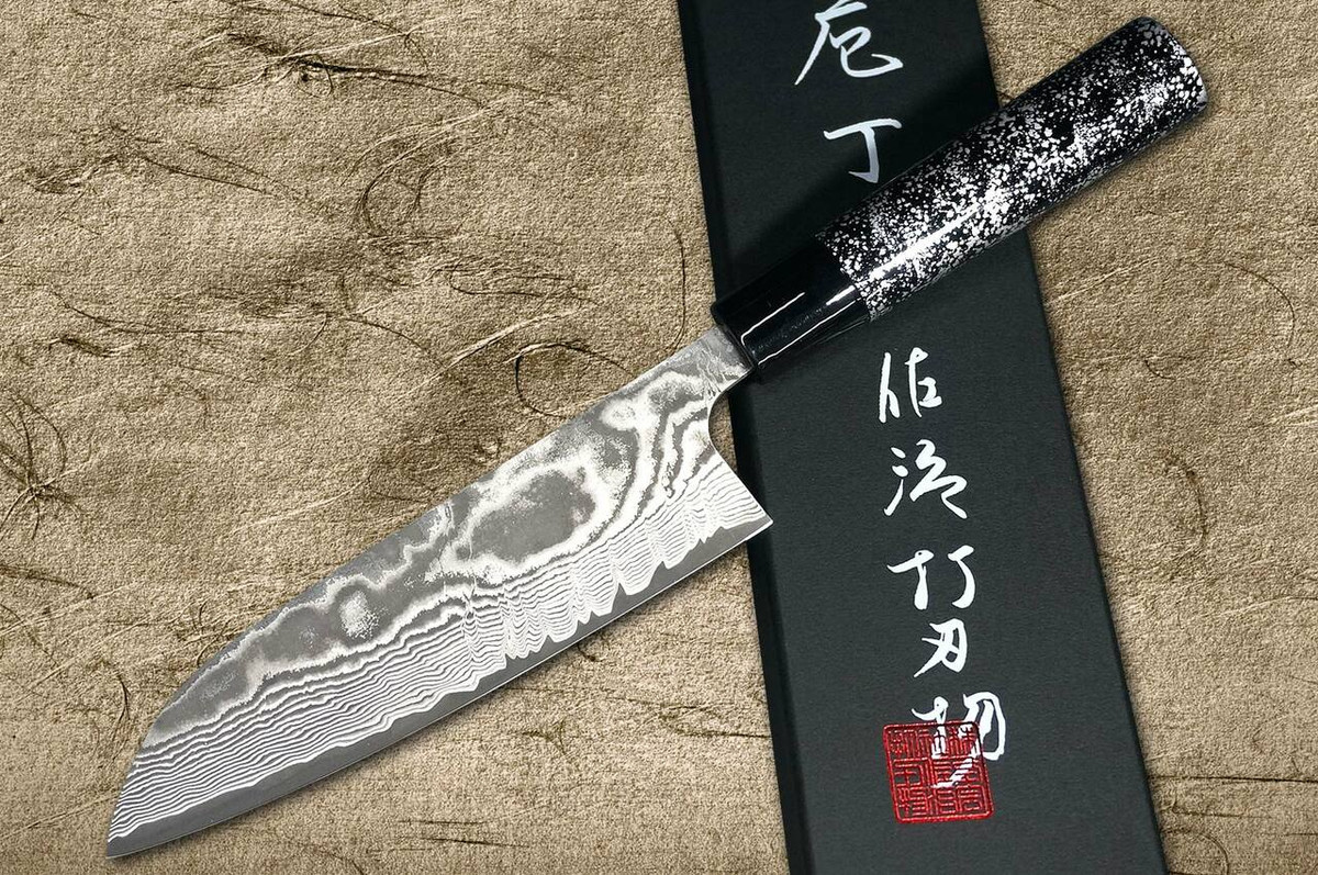 Takeshi Saji VG10 Black Damascus LC Japanese Chefs Santoku Knife 180mm with Black-Silver Japanese Urushi Lacquered Handle