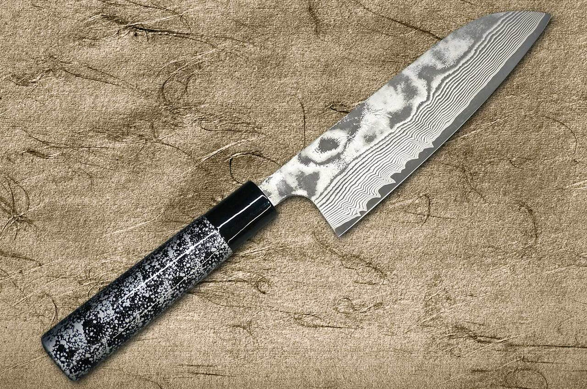 Takeshi Saji VG10 Black Damascus LC Japanese Chefs Santoku Knife 180mm with Black-Silver Japanese Urushi Lacquered Handle