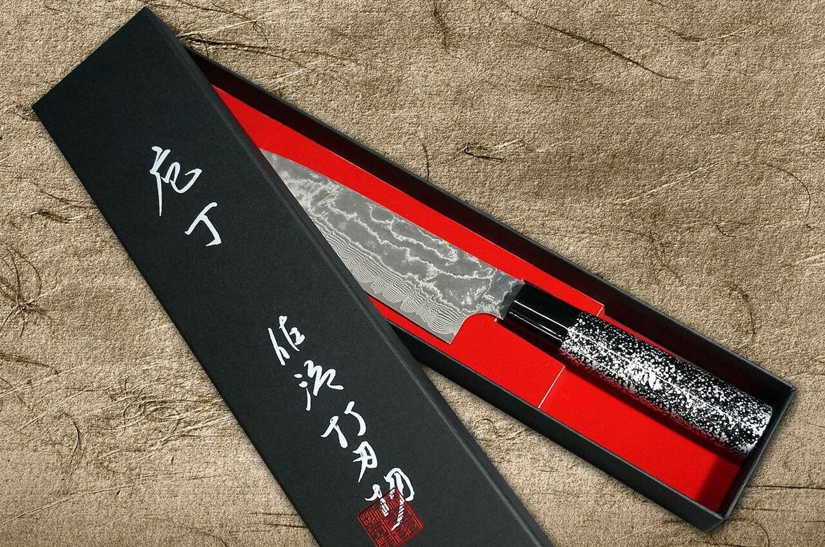 Takeshi Saji VG10 Black Damascus LC Japanese Chefs Santoku Knife 180mm with Black-Silver Japanese Urushi Lacquered Handle