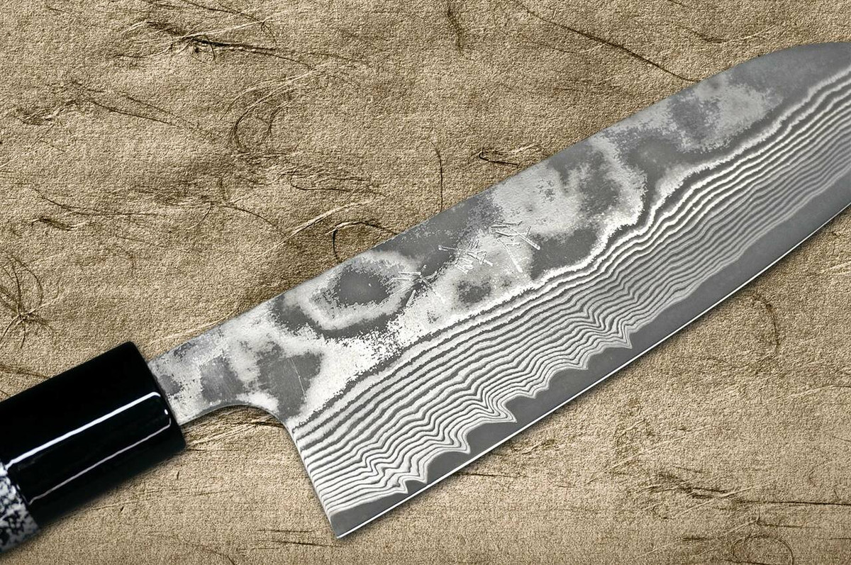 Takeshi Saji VG10 Black Damascus LC Japanese Chefs Santoku Knife 180mm with Black-Silver Japanese Urushi Lacquered Handle