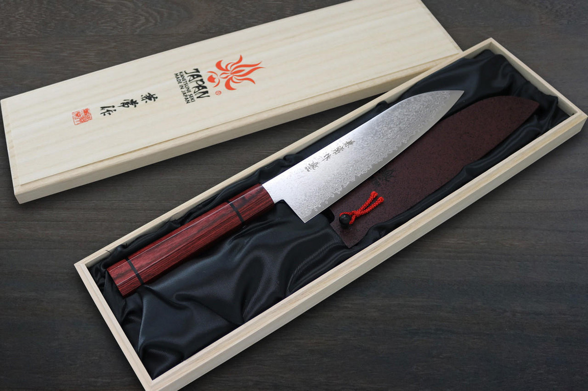 Kanetsune 63-Layer Damascus MINAMO-KAZE Japanese Chef's Santoku Knife 180mm with Dedicated Saya Sheath 