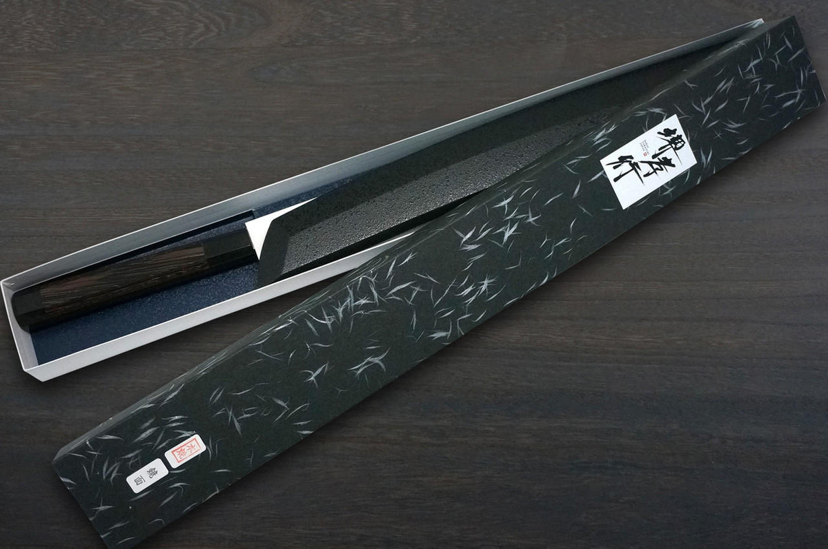 Sakai Takayuki ZANGETSU Honyaki Ginsan Japanese Chefs Mirrored Sakimaru-TakohikiSashimi 390mm with Wenge Handle and Saya Sheath