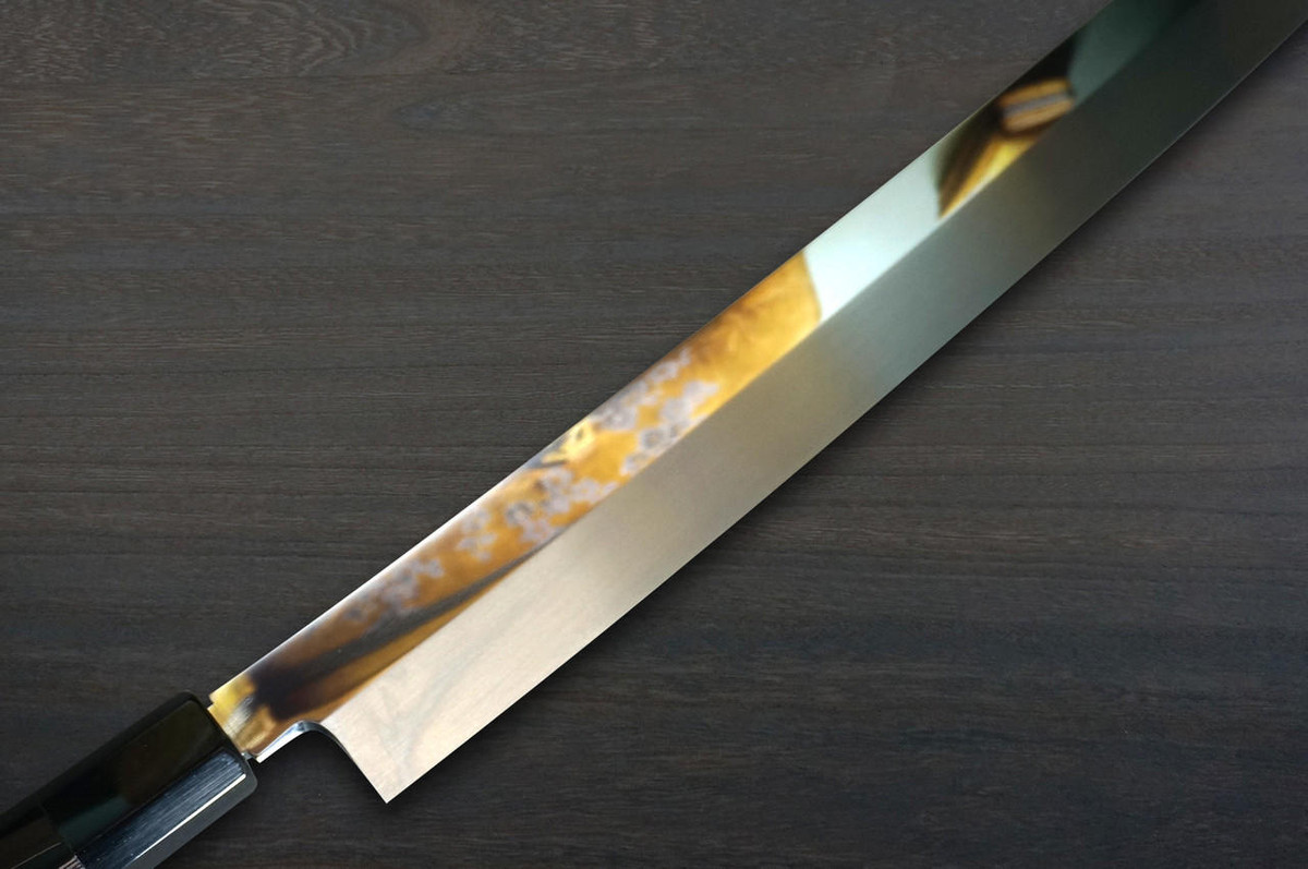 Sakai Takayuki ZANGETSU Honyaki Ginsan Japanese Chefs Mirrored Sakimaru-TakohikiSashimi 390mm with Wenge Handle and Saya Sheath