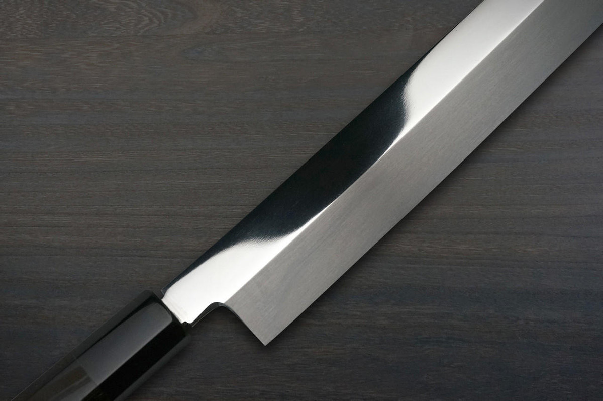 Sakai Takayuki ZANGETSU Honyaki Ginsan Japanese Chefs Mirrored Sakimaru-TakohikiSashimi 390mm with Wenge Handle and Saya Sheath