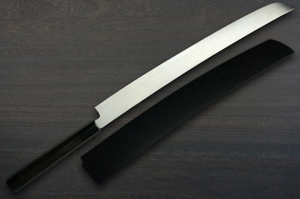 Sakai Takayuki ZANGETSU Honyaki Ginsan Japanese Chefs Mirrored Sakimaru-TakohikiSashimi 390mm with Wenge Handle and Saya Sheath