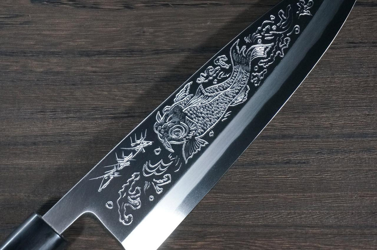 Sakai Takayuki Kasumitogi Buffalo Tsuba Engraving Art Japanese Chef's Deba Knife 210mm Sojou-no-Koi(Carp on Board) 