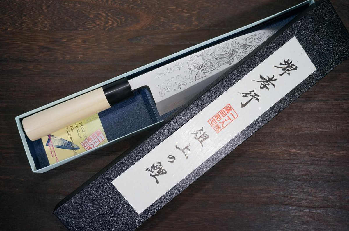Sakai Takayuki Kasumitogi Buffalo Tsuba Engraving Art Japanese Chef's Deba Knife 210mm Sojou-no-Koi(Carp on Board) 