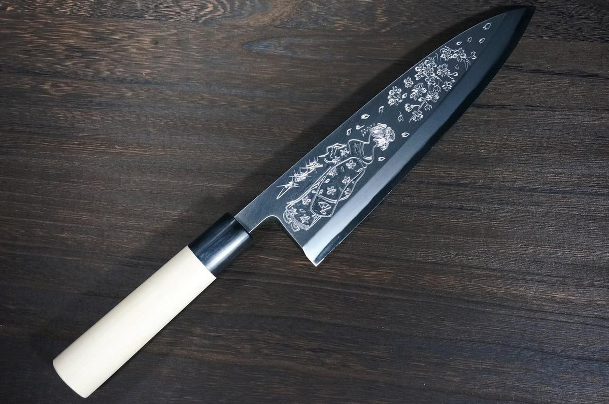 堺孝行Kasumitogi水牛镡雕刻艺术日本厨师用Deba刀210毫米舞妓到樱花