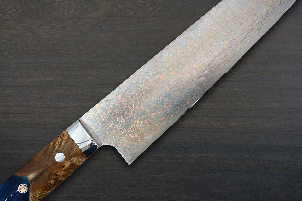 Takeshi Saji VG10 Colored Damascus STW Japanese Chefs Gyuto Knife 240mm No.14 Brown-Blue Stabilized Hybrid Wood Handle