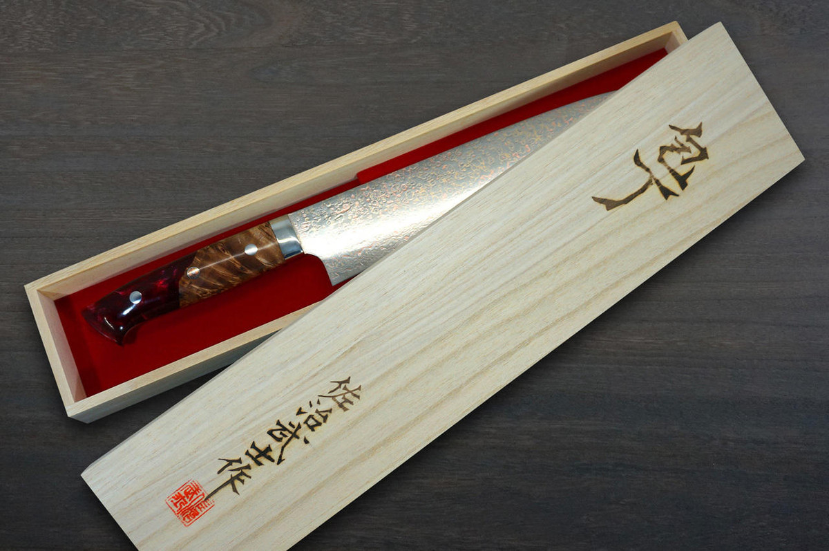 Takeshi Saji VG10 Colored Damascus STW Japanese Chefs Gyuto Knife 240mm No.16 Brown-Red Stabilized Hybrid Wood Handle
