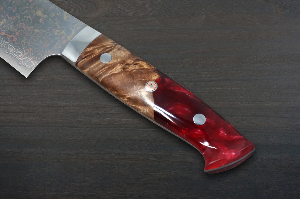 Takeshi Saji VG10 Colored Damascus STW Japanese Chefs Gyuto Knife 240mm No.16 Brown-Red Stabilized Hybrid Wood Handle