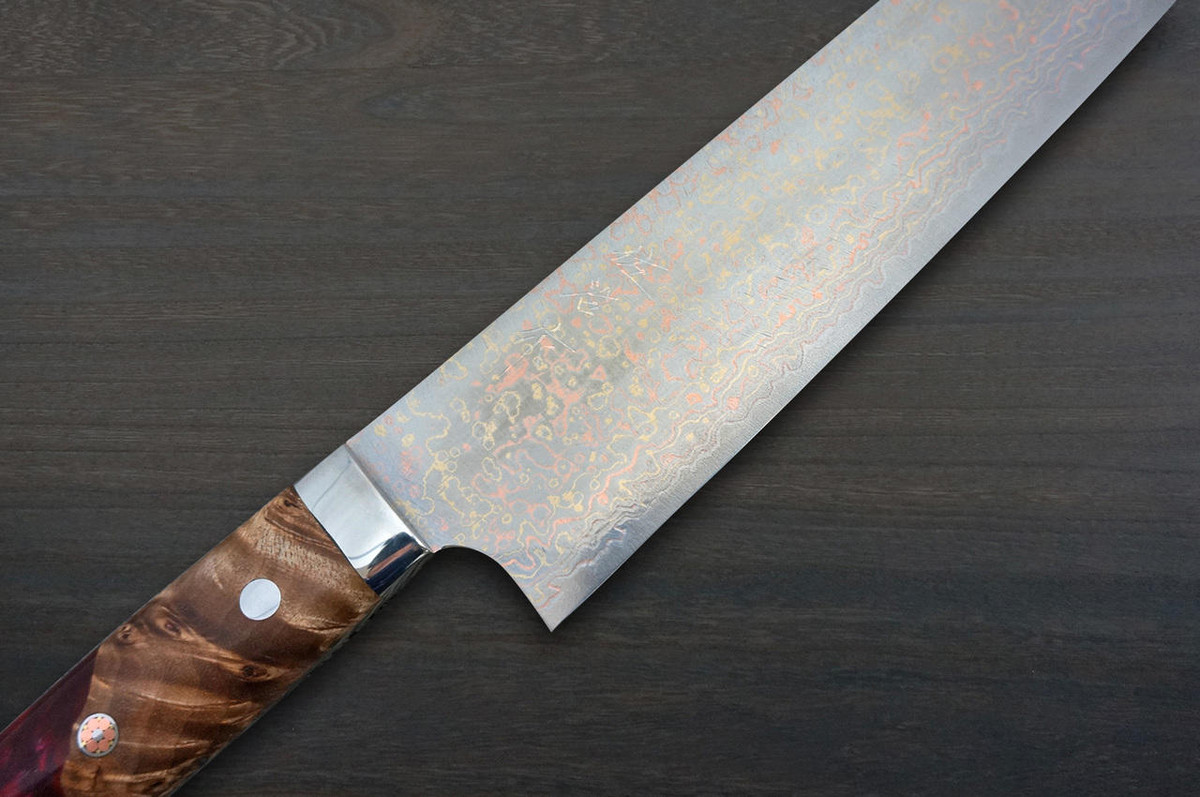 Takeshi Saji VG10 Colored Damascus STW Japanese Chefs Gyuto Knife 240mm No.16 Brown-Red Stabilized Hybrid Wood Handle