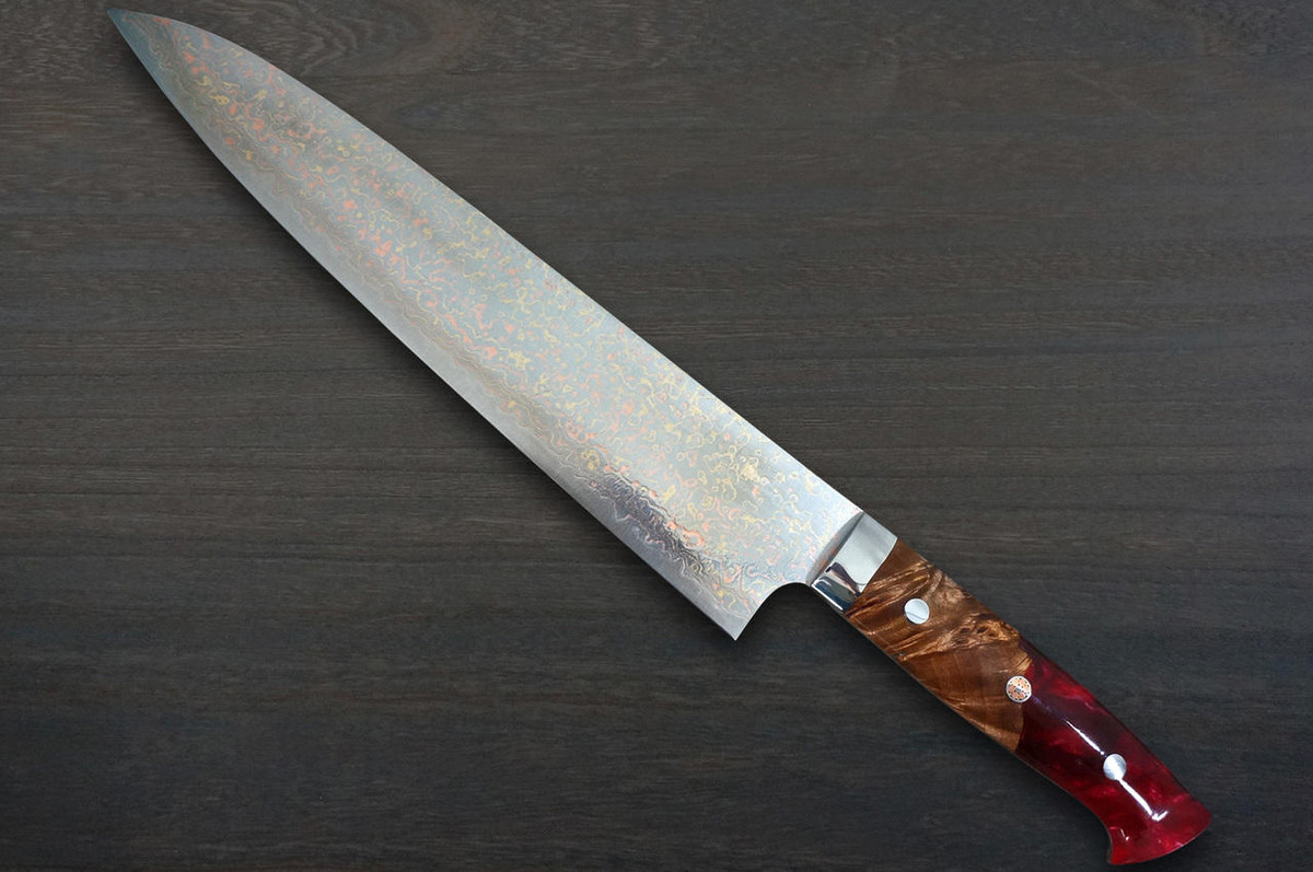 Takeshi Saji VG10 Colored Damascus STW Japanese Chefs Gyuto Knife 240mm No.16 Brown-Red Stabilized Hybrid Wood Handle