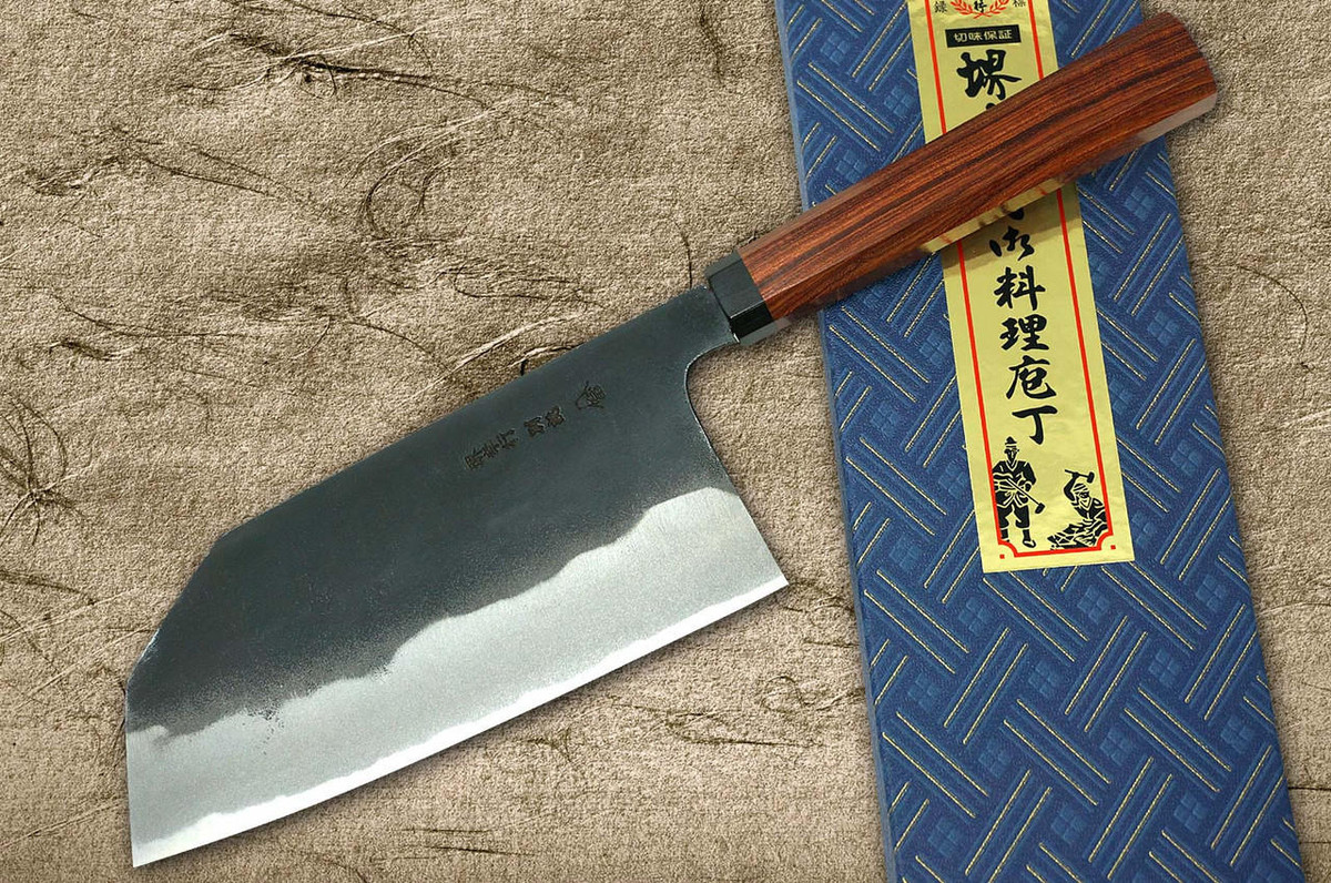 Sakai Takayuki Tokujyo Supreme White 2 steel Kurouchi Wide Bunka Knife 180mm with Bubinga and Ebony Handle