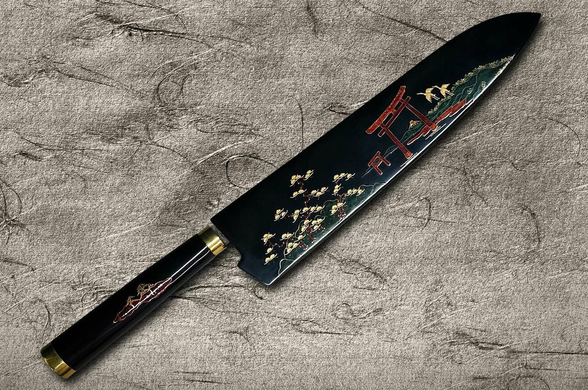 Takeshi Saji Makie-Art R2SG2 Mirrored Damascus Japanese Chefs Gyuto Knife 240mm with Urushi Lacquered Saya and Handle TORII FUJI on LAKE