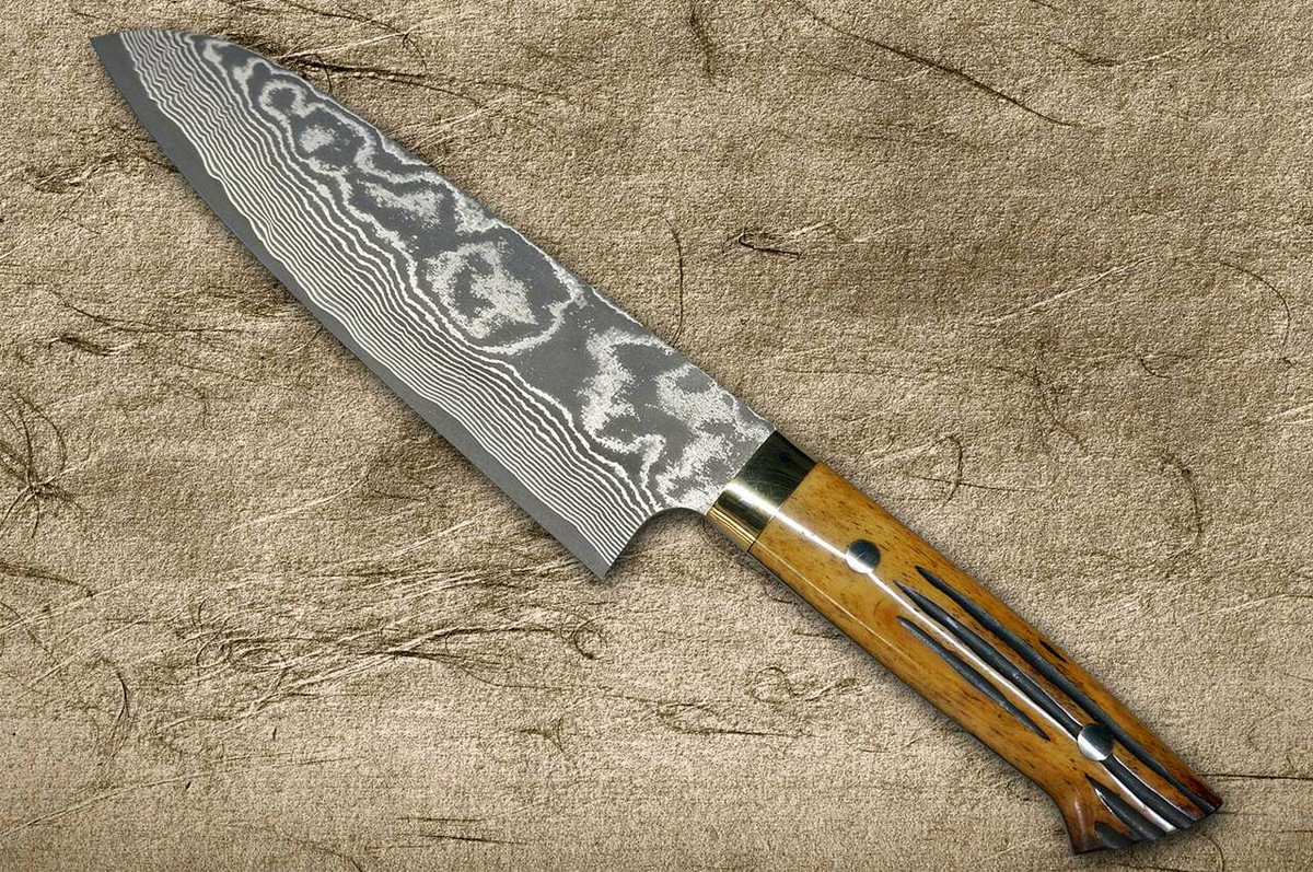 Takeshi Saji VG10 Black Damascus DHM Japanese Chefs Santoku Knife 180mm with Brown Antler Handle
