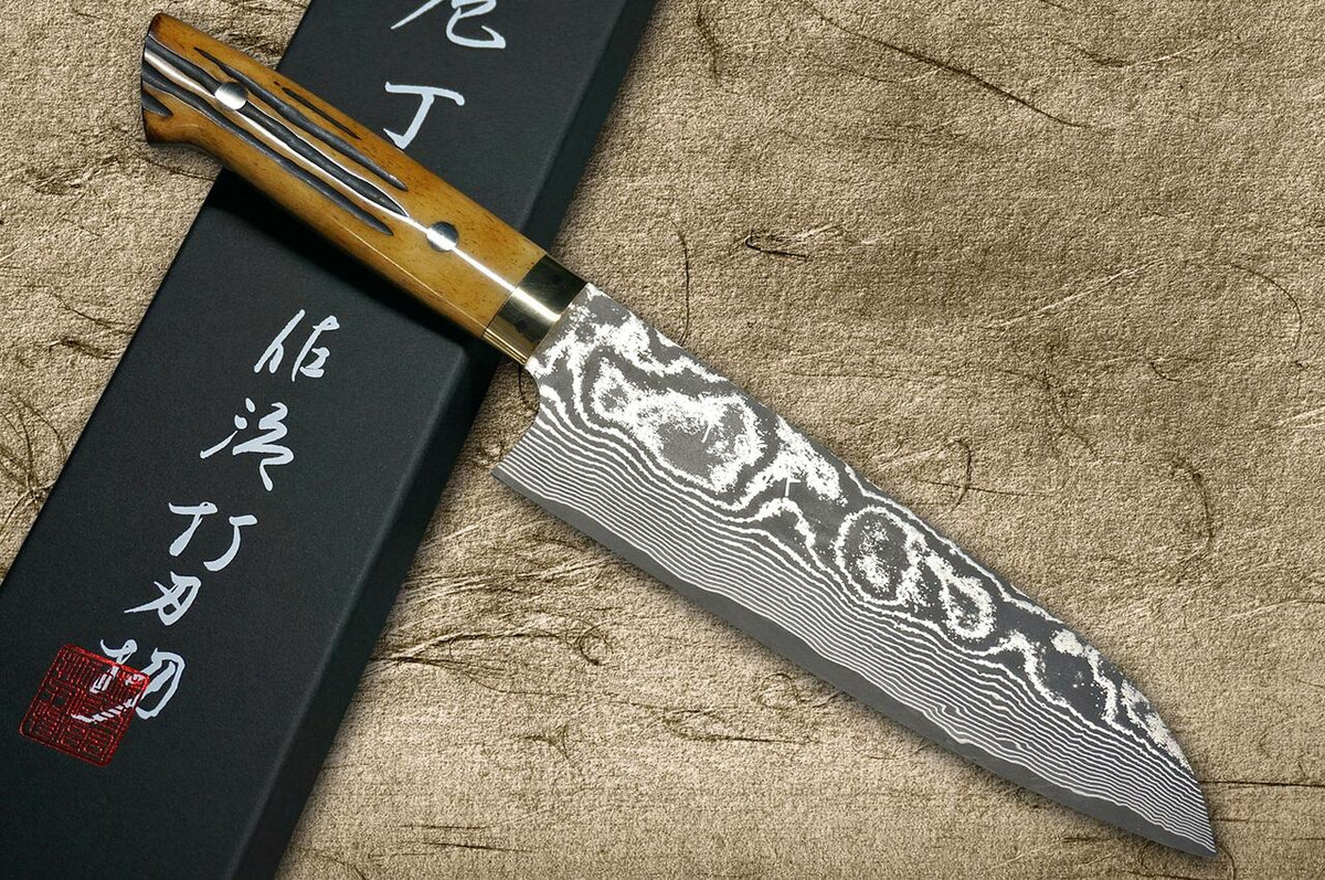 Takeshi Saji VG10 Black Damascus DHM Japanese Chefs Santoku Knife 180mm with Brown Antler Handle