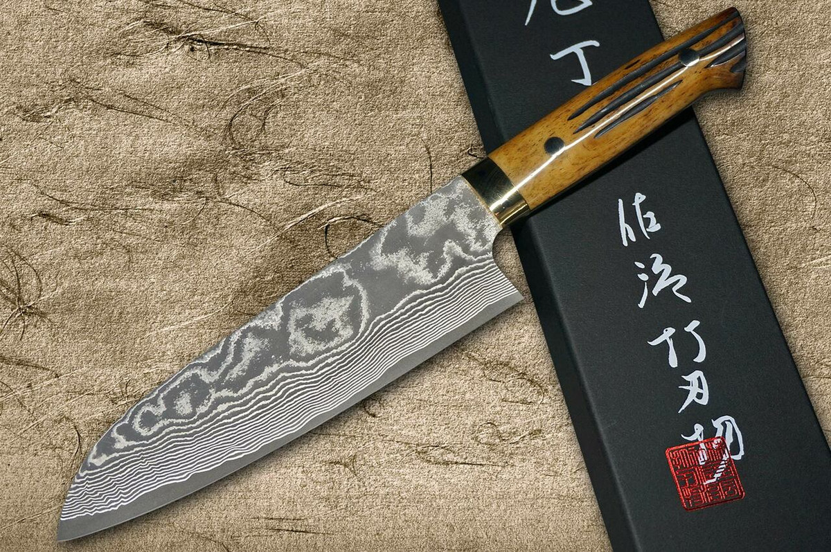 Takeshi Saji VG10 Black Damascus DHM Japanese Chefs Santoku Knife 180mm with Brown Antler Handle