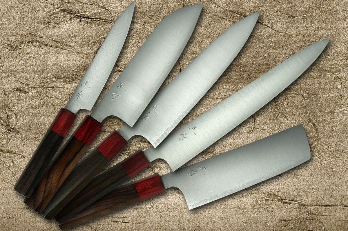 Kei Kobayashi R2 Special Finished RS8R Japanese Chefs Knife SET Gyuto210-Slicer-Santoku-Vegetable-Petty with Red-Ring Octagonal Handle