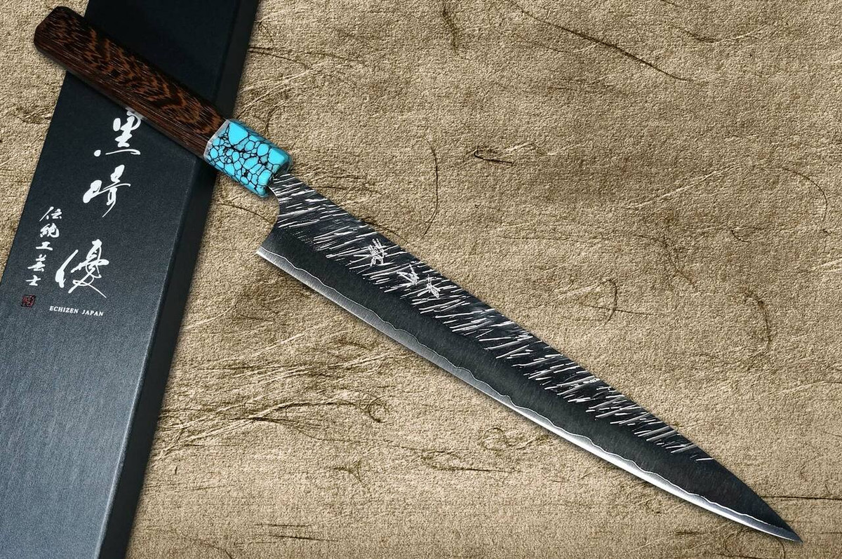 Yu Kurosaki SPG2 Clad FUJIN WA WGTCA Japanese Chefs SlicerSujihiki 240mm with Blue Turquoise and Wenge Handle