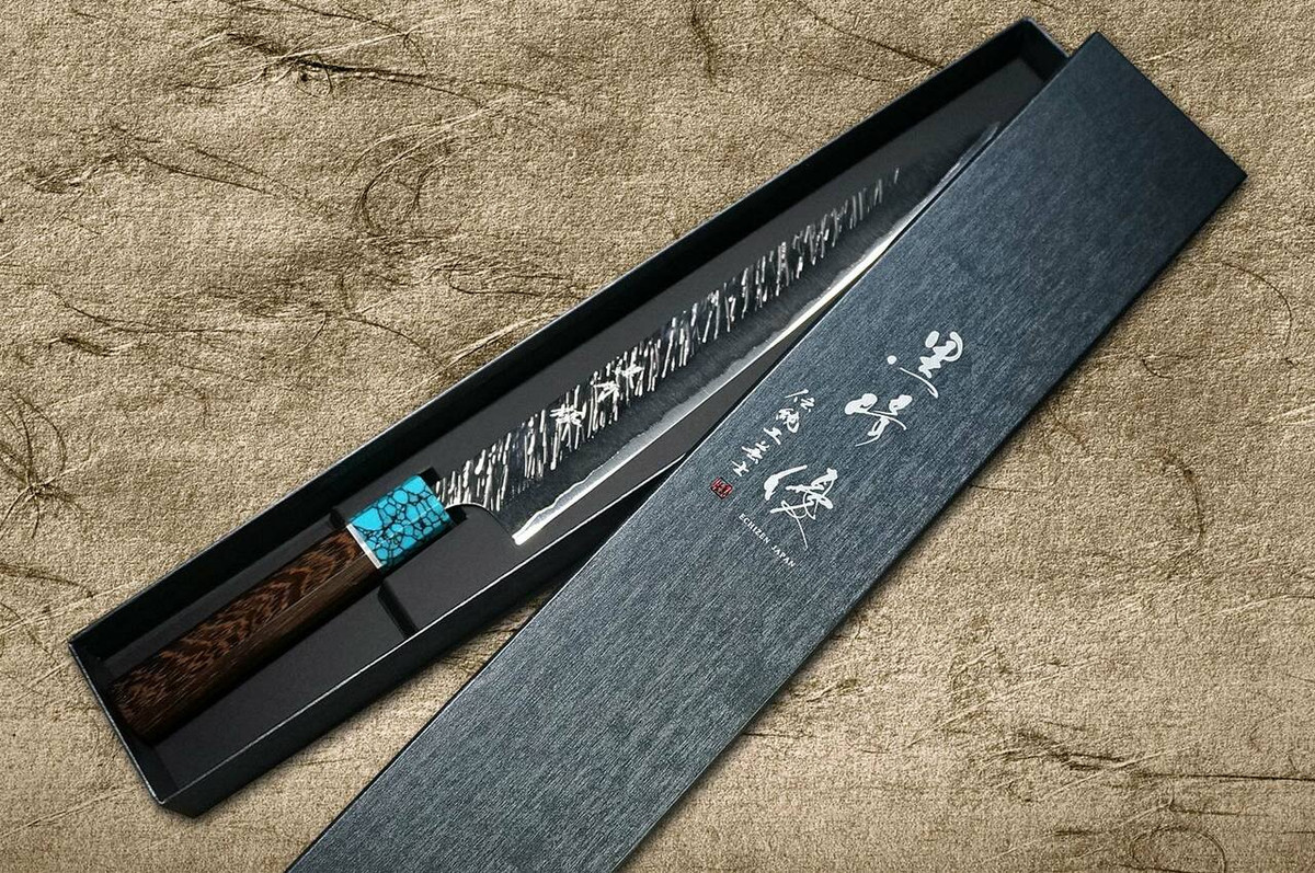 Yu Kurosaki SPG2 Clad FUJIN WA WGTCA Japanese Chefs SlicerSujihiki 240mm with Blue Turquoise and Wenge Handle