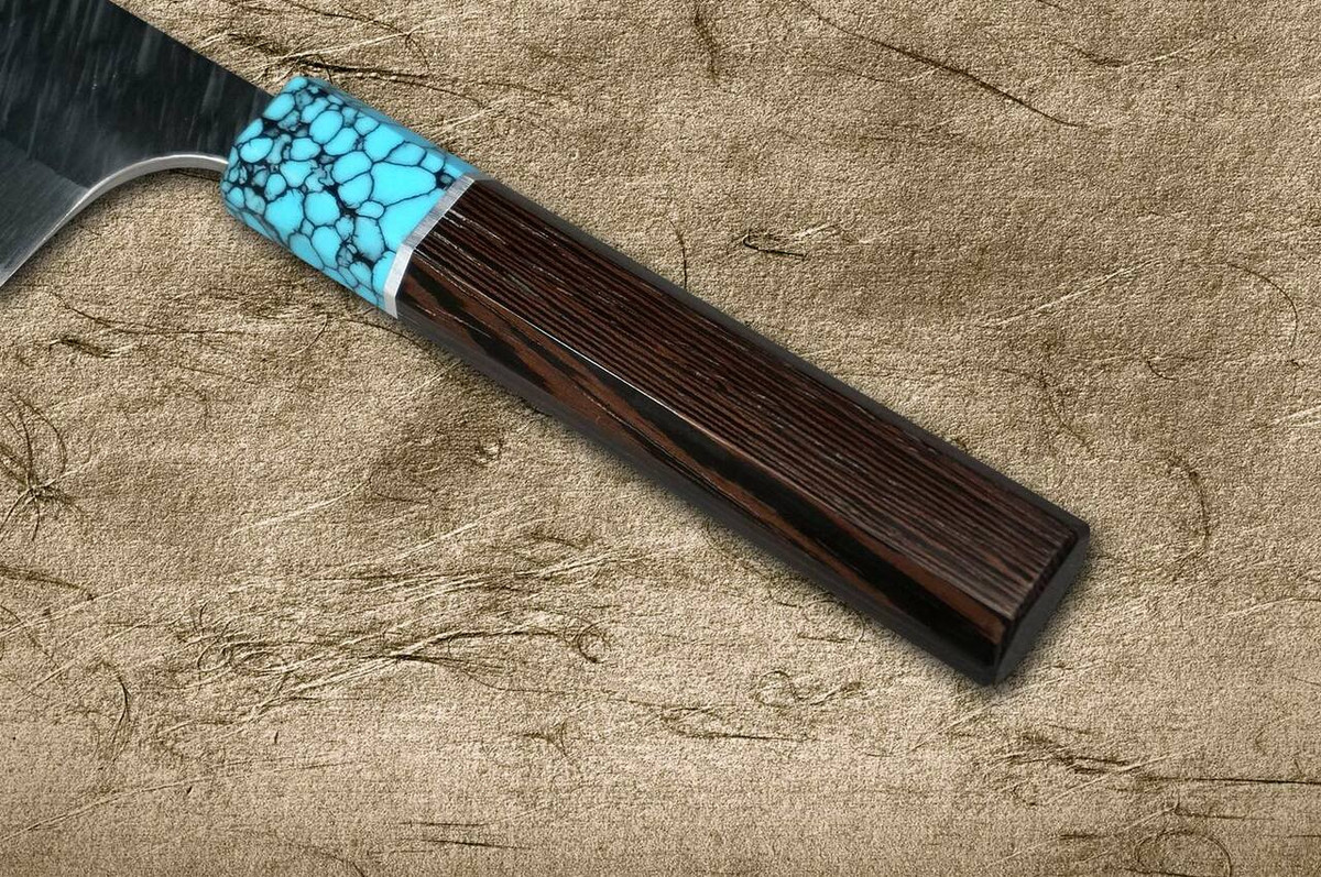 Yu Kurosaki SPG2 Clad FUJIN WA WGTCA Japanese Chefs Gyuto Knife 210mm with Blue Turquoise and Wenge Handle