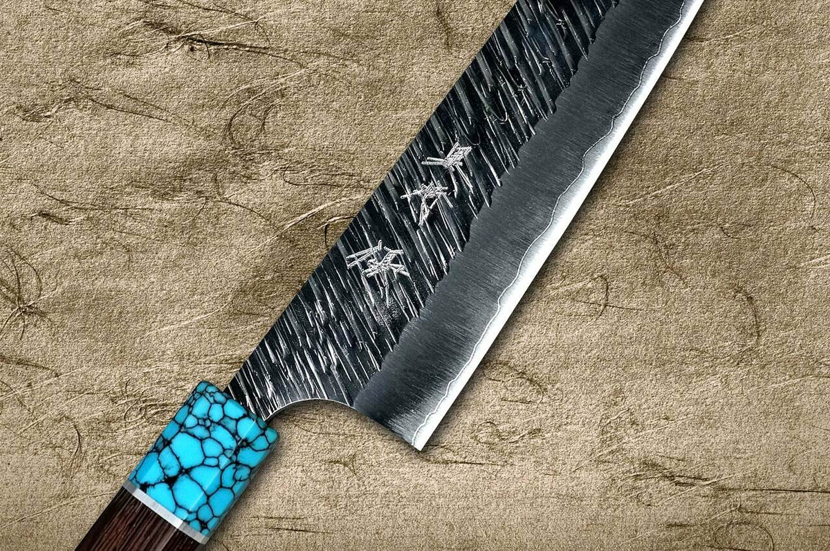 Yu Kurosaki SPG2 Clad FUJIN WA WGTCA Japanese Chefs Gyuto Knife 210mm with Blue Turquoise and Wenge Handle