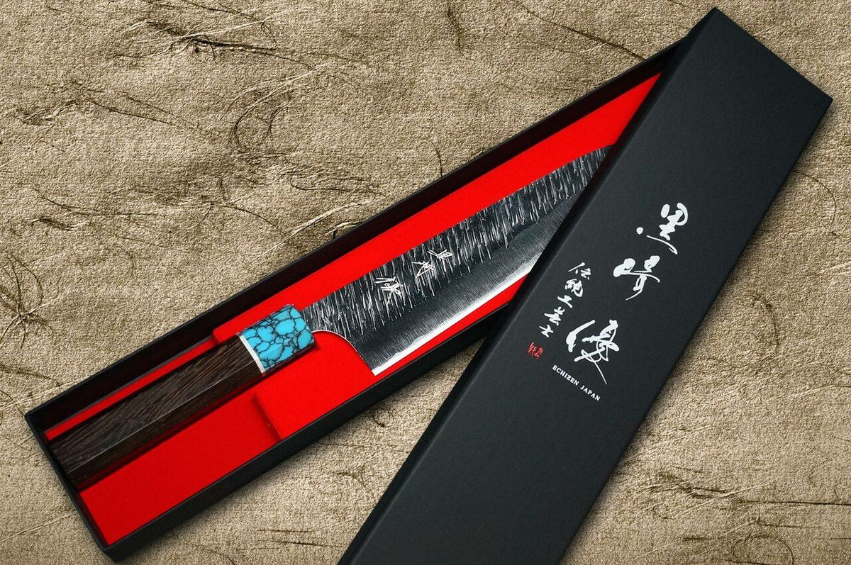 Yu Kurosaki SPG2 Clad FUJIN WA WGTCA Japanese Chefs Gyuto Knife 210mm with Blue Turquoise and Wenge Handle