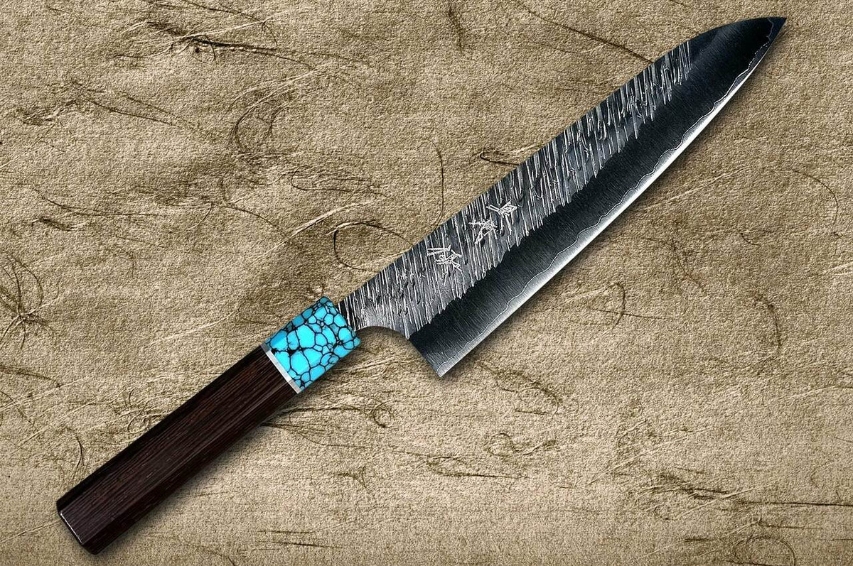 Yu Kurosaki SPG2 Clad FUJIN WA WGTCA Japanese Chefs Gyuto Knife 210mm with Blue Turquoise and Wenge Handle