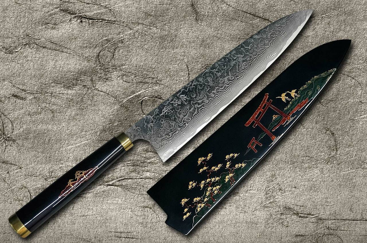 Takeshi Saji Makie-Art R2SG2 Mirrored Damascus Japanese Chefs Gyuto Knife 210mm with Urushi Lacquered Saya and Handle TORII FUJI on LAKE