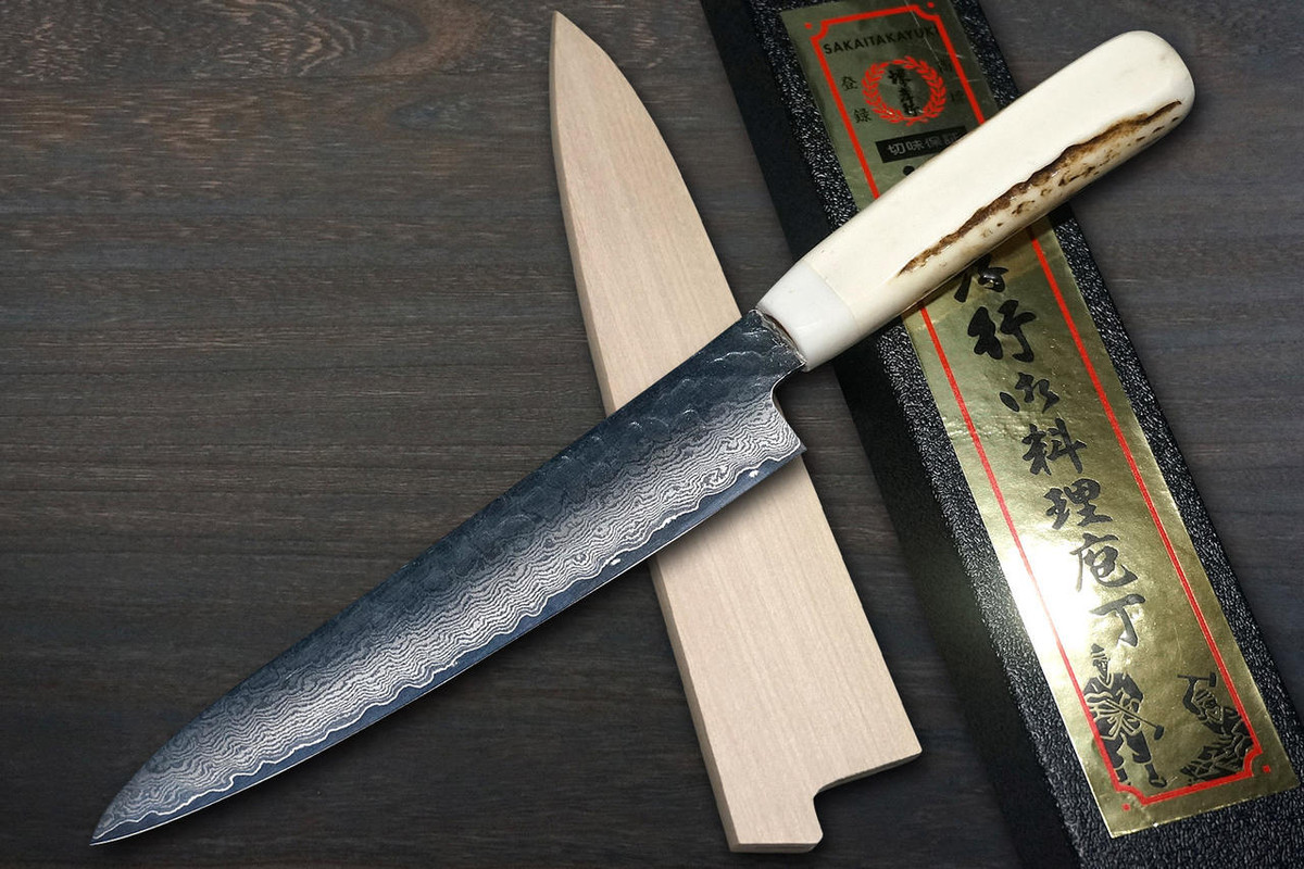 Sakai Takayuki 33-Layer VG10 Damascus DHW Japanese Chefs Petty KnifeUtility 150mm with White Antler Handle