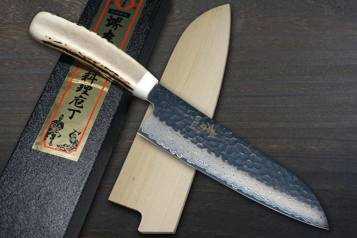 Sakai Takayuki 33-Layer VG10 Damascus DHW Japanese Chefs Santoku Knife 180mm with White Antler Handle